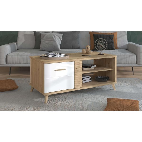 Couchtisch Inosign "Bretagna 120 Cm, Rechteckig, In Zeitloser Design", Braun (Artisan Eiche, Artisan Eiche, Opaque Weiß, Artisan Eiche), B:120Cm H:54Cm T:60Cm, Tische, Couchtisch, Mit Viel Stauraum, Artisan Eiche Dekor Mit Segmenten In Weiß-image