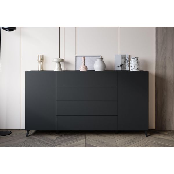 Sideboard Home Affaire "Phuket 180 Cm Breit, Modernes Design Mit Stauraum", Schwarz (Schwarz Matt), B:180Cm H:95,4Cm T:39Cm, Abs-Kunststoff, Hartfaserplatte, Holzwerkstoff, Kunststoff, Sideboards, Sideboard, Kommode Mit 2 TüRen, 4 Schubladen Und Verstellbaren EinlegeböDen-image