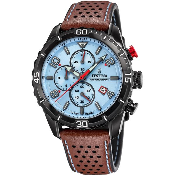 Chronograph Festina, Blau (Braun, Hellblau), Armbanduhren, Herren, Chronograph, Armbanduhr, Quarzuhr, Herrenuhr, Stoppfunktion, Lederarmband-image
