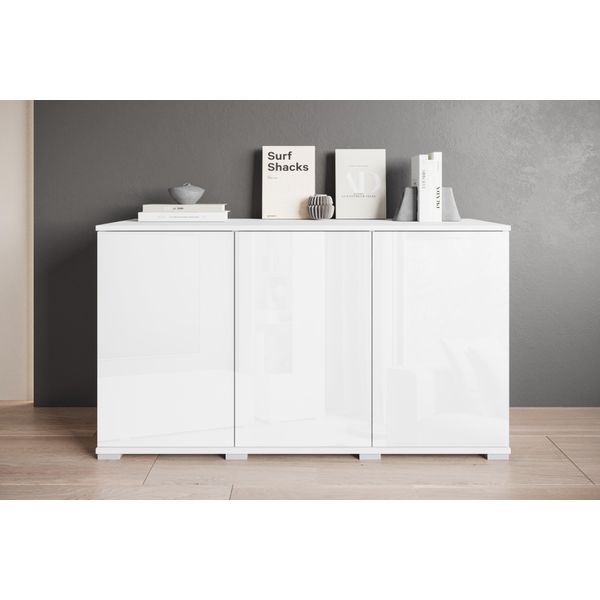 Sideboard Otto Home "Kenia, Moderne Grifflose Kommode Mit 3 TüRen, Breite 120 Cm", Weiß (Weiß, Weiß Hochglanz), B:120Cm H:69,7Cm T:39,5Cm, Sideboards, Sideboard, Push-To-Open-Fronten, HöHenverstellbaren EinlegeböDen-image