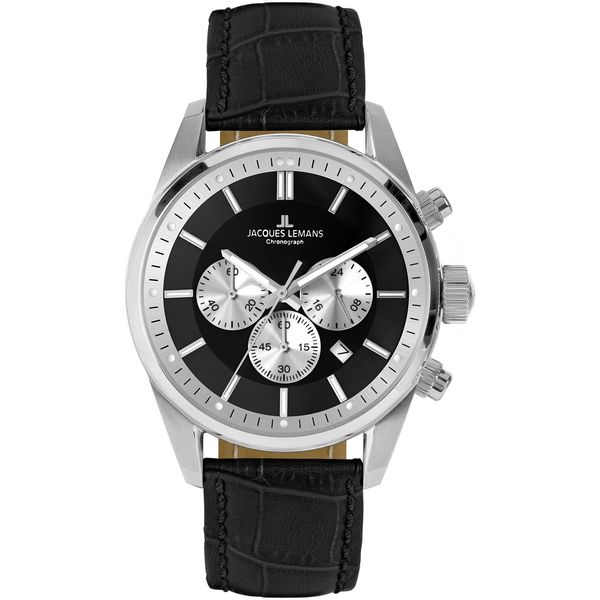 Chronograph Jacques Lemans "Barcelona", Schwarz (Schwarz, Schwarz), Armbanduhren, Herren, Chronograph, Quarzuhr, Armbanduhr, Herrenuhr, Lederarmband, Stoppfunktion, Datum-image
