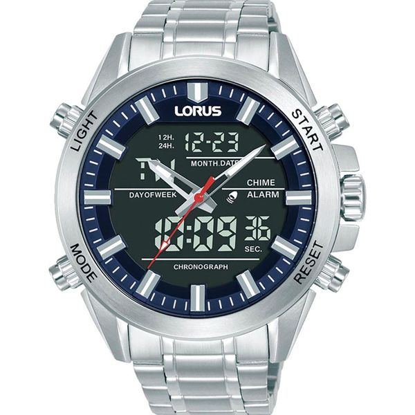 Digitaluhr Lorus, Silber (Silberfarben, Schwarz, Blau), Armbanduhren, Herren, Digitaluhr, Quarzuhr, Armbanduhr, Herrenuhr, Edelstahlarmband, Digital, Analog-image
