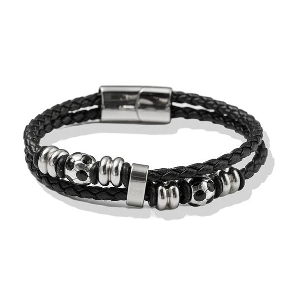 Armband Firetti "Schmuck Geschenk Edelstahl Leder Armschmuck Armkette FußBall", Silberfarben, Schwarz, ArmbäNder, Damen, 21Cm, Edelstahl Leder, Edelstahl, Leder, Armband, Made In Germany-image