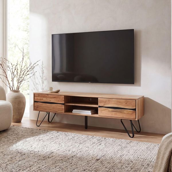 TV Board Lowboard Fernsehschrank Akazie Massivholz 160Cm Fernsehtisch Mit TüRen-image