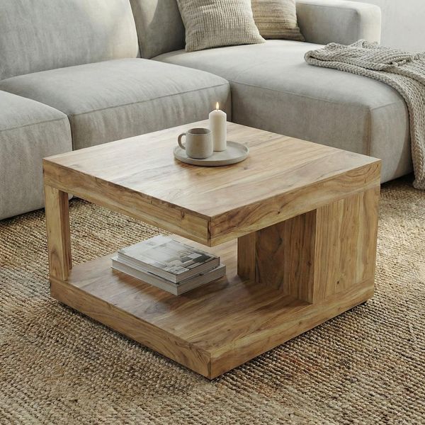 Couchtisch Akazie Massivholz 60Cm Wohnzimmertisch Beistelltisch Sofatisch Ablage-image