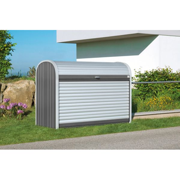 Gartenbox BioHort "Storemax Gr. 190, Verschiedene Farben", Grau (Dunkelgrau, Metallic), B:190Cm H:136Cm T:97Cm, Stahl, Aufbewahrungsboxen, Gartenbox, 190X96,5X136 Cm, Ideal Als MüLltonnenboxoder Fahrradgarage-image
