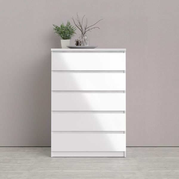 Kommode Home Affaire "Naia, Aufbewahrung, 5 Schubladen, Matt-Optik, Grifflose Front", Weiß (Weiß, Hochglanz), B:77Cm H:111,3Cm T:50Cm, Holzwerkstoff, Sideboards, Kommode, Abgerundete Schubladenkanten Auf Metallgleiter, Breite 77 Cm-image