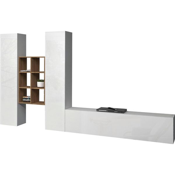 Wohnwand Home Affaire "Maruska", Weiß (Weiß Hochglanz, Weiß Hochglanz), B:350Cm H:180Cm T:30Cm, Holzwerkstoff, KastenmöBel-Sets, Wohnwand-image