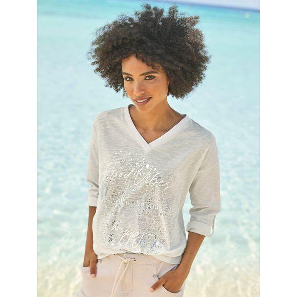 3/4-Arm-Shirt Heine "Shirt", Damen, Gr. 40, Beige (Champagner), 100% Baumwolle, Gemustert, Unifarben, V-Ausschnitt, Shirts 3/4-Arm-Shirt-image