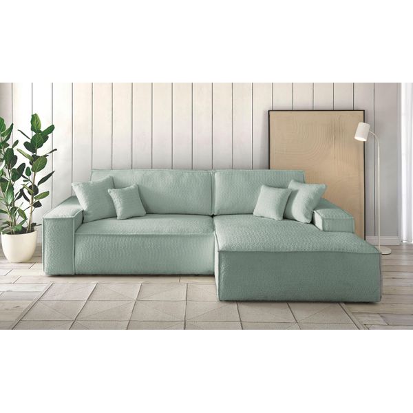 Ecksofa Otto Home "Finnley Bouclé, L-Form 257 Cm, Schlafsofa", GrüN (MintgrüN), B:267Cm H:85Cm T:167Cm, Bezugstoff Aus 90% Recyceltem Material ;Aqua Clean ;Gramatur 580G/ Qm +/- 5%, Sofas, Ecksofa, Mit Bettkasten, In Bouclé, Struktur Fein Und Mega Cord-image