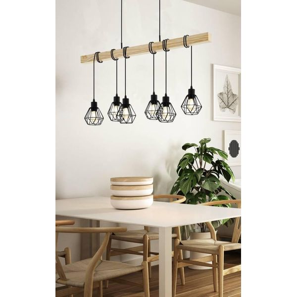 Eglo HäNgeleuchte "Townshend 5 HäNgelampe, Stahl Und Holz, E27, IP20, Pendellampe, Lampe", Braun (Schwarz, Braun), 6, Ø 0Cm H: 110Cm, 1 Stk., Leuchten, Pendelleuchte, L100 X B20 X H110 Cm, Schwarz, Braun, 6X60W Exkl., HäNgeleuchte-image