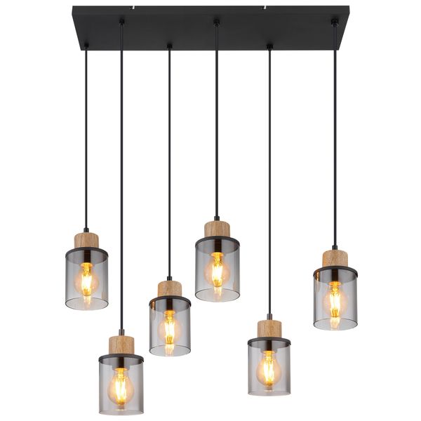 Globo Lighting HäNgeleuchte "Reid", Schwarz (Schwarz Matt), 6, Ø 10Cm H: 120Cm, 1 Stk., Leuchten, Wohnzimmerleuchte Schwarz/Holz, Rauchglas, HöHenküRzbar, HäNgeleuchte-image