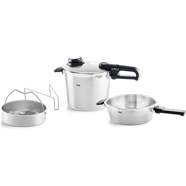 Schnellkochtopf Fissler "Vitavit Premium Dampfkochtopf Set Edelstahl Made In Germany", Silber (Silberfarben), H:27Cm L:39,5Cm Ø:22Cm, TöPfe, Schnellkochtopf, Verriegelungsanzeige, Einstellbares Abdampfen, Einstellbare Kochstufen-image