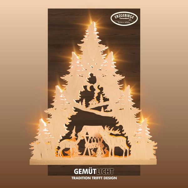 LED Lichterbogen Weigla "Hirschfamilie, Schwibbogen Aus Holz, Natur, Made In Germany", Beige (Natur), B:38Cm H:43Cm T:4,5Cm, Holzwerkstoff, SchwibböGen, Erzgebirge Garantiert, Weihnachtsdeko Innen, Weihnachtsbeleuchtung-image
