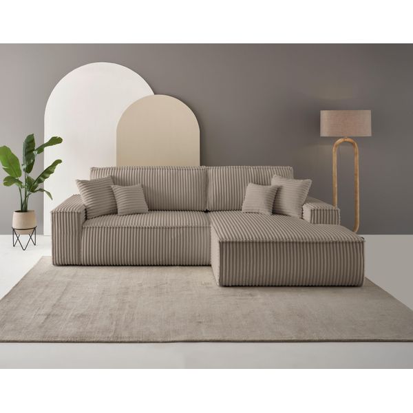 Ecksofa Otto Home "Finnley Cord, L-Form 257 Cm, Schlafsofa", Grau (Taupe), B:267Cm H:85Cm T:167Cm, Bezugstoff 100% PES ;Gramatur 400G/Qm +/- 5%, Sofas, Ecksofa, Mit Bettkasten, In Bouclé, Struktur Fein Und Mega Cord-image
