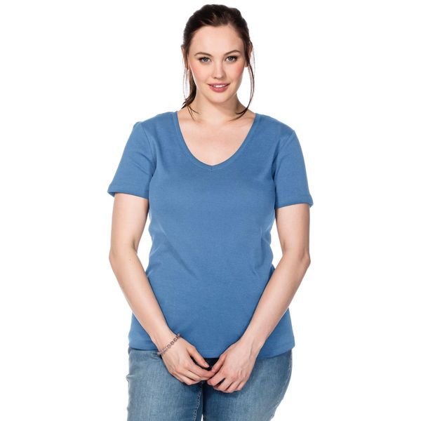 T-Shirt Sheego "T-Shirt", Damen, Gr. 48/50, Mittelblau, 100% Baumwolle, Unifarben, V-Ausschnitt, Shirts T-Shirt-image
