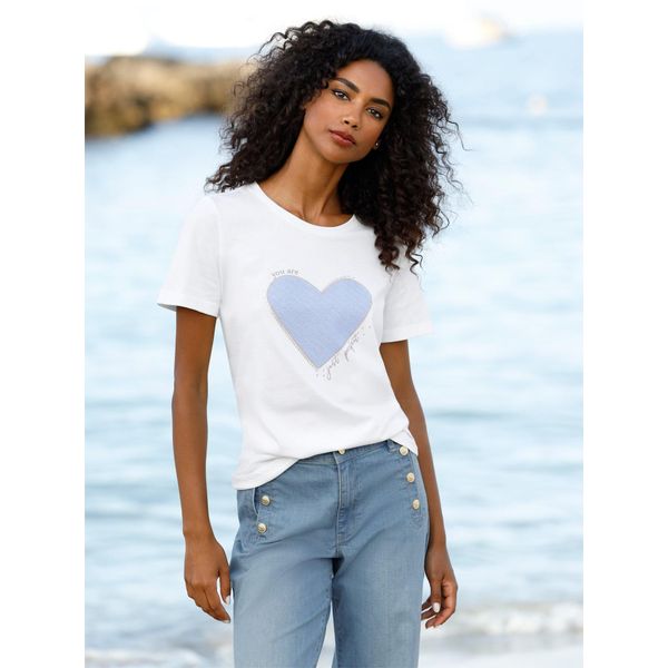 Kurzarmshirt Heine "T-Shirt", Damen, Gr. 48, Ecru, 100% Baumwolle, Bedruckt, Gemustert, Mehrfarbig, Rundhals, Shirts-image