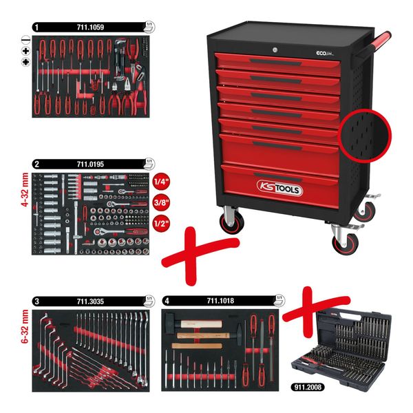 Ks Tools Werkstattwagen Ecoline Aus Stahl Mit 7 Schubladen Und 515 Premium-Werkzeugen Schwarz-Rot, 8977515 (897.7515)-image