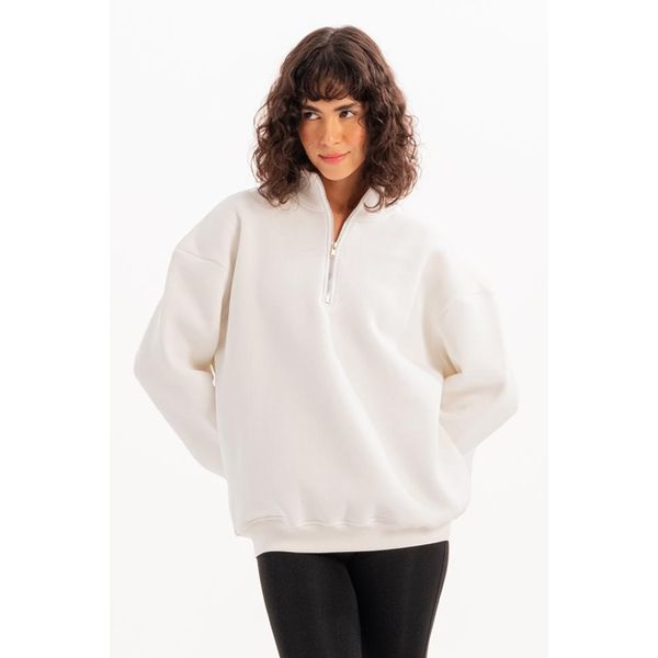 Justever Oversize Fit Stehkragen HalbreißVerschluss Raised Ecru Damen-Sweatshirt - Cass-image