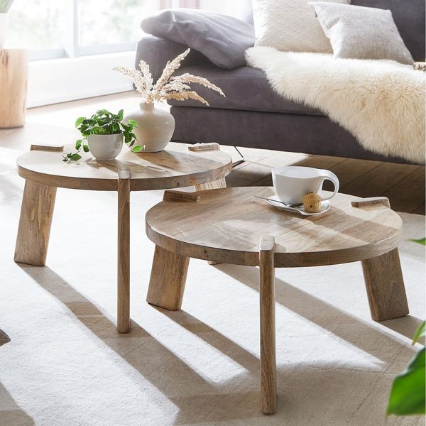 Couchtisch Set 2Er Massivholz Rund Wohnzimmertisch Beistelltisch Satztische-image