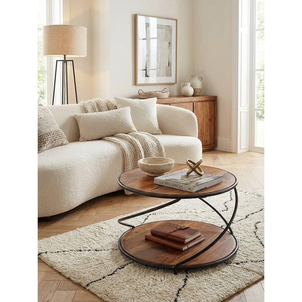 Couchtisch Sheesham Massivholz Metall, Rund, Stauraum, 58X58X35 Cm-image