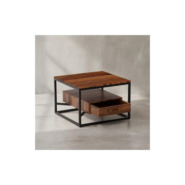 Kadima Design Moderner Sofatisch Mit Schublade, Quadratisches Design, Couchtisch Sheesham Massivholz/Metall, 60X60X40 Cm-image