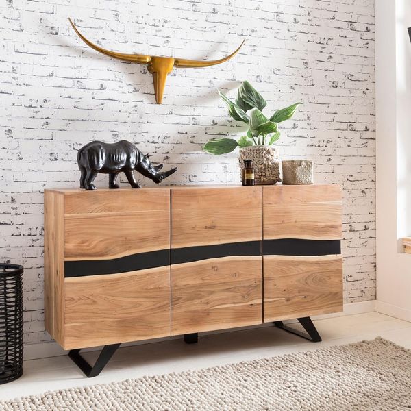 Massivholz Sideboard 150Cm Akazie Natur Kommode Mit 3 TüRen Baumkante Metall Schwarz-image