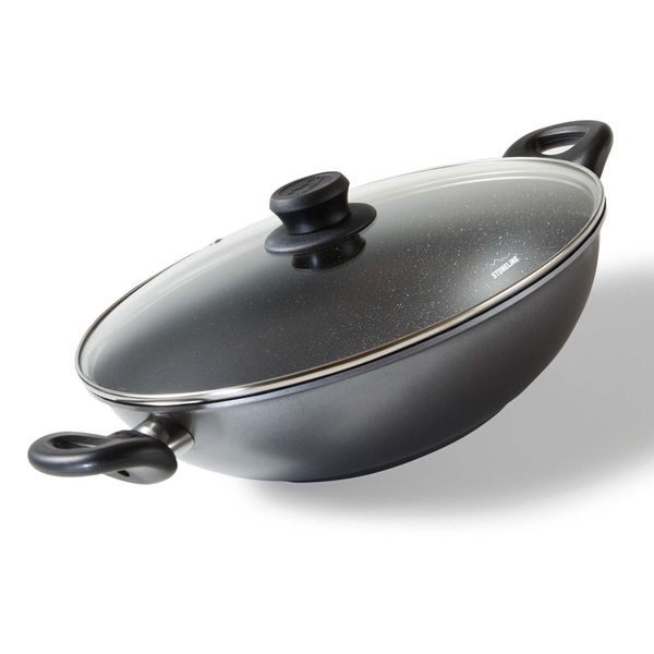 Stoneline Wok 28Cm, Mit Deckel, Aluguss, Wok Pfanne Beschichtet Mit Echten Steinpartikeln, Grau, Ohne Fett Oder ÖL Kochen Und Braten, GroßEr Wok Induktion-image