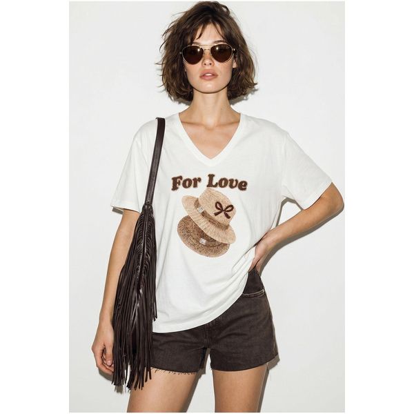 ÜBergrößE V-Ausschnitt Bedrucktes T-Shirt-image