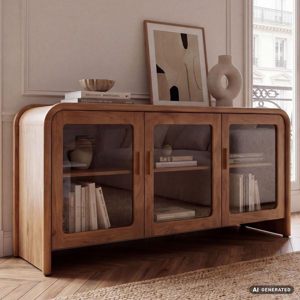 Sideboard Mango Massivholz 160Cm Anrichte Kommode 3 Glas TüRen Holzkommode Groß-image
