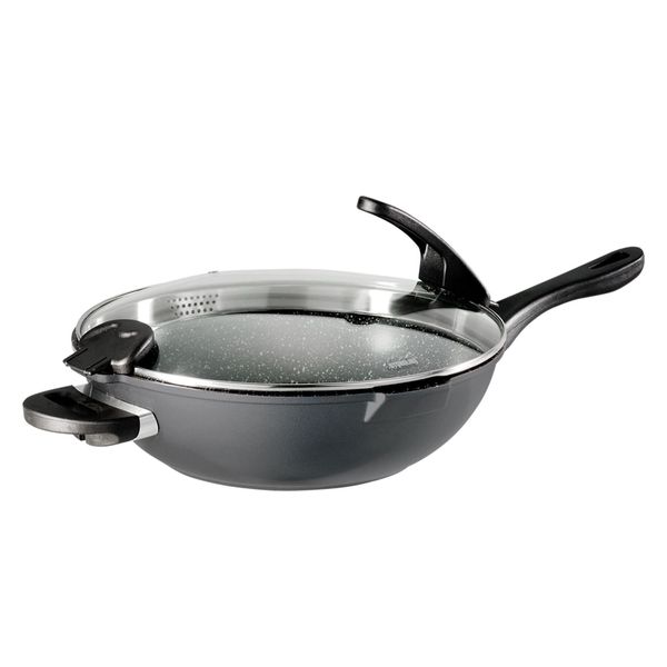 Stoneline Future Wok 32 Cm, Mit Sieb-Glasdeckel, Mit Austauschbaren Griffen, Induktionsgeeignet, Aluguss, Beschichtet Mit Echten Steinpartikeln, Grau, Wokpfanne Mit Deckel-image
