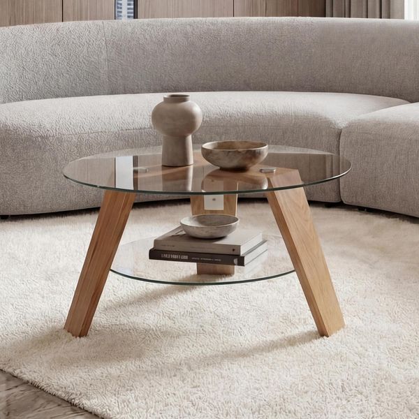 MCA Couchtisch MCW-P59, Beistelltisch Kaffeetisch Wohnzimmertisch, Massiv-Holz Glas Rund Ø 75Cm, Eiche-image