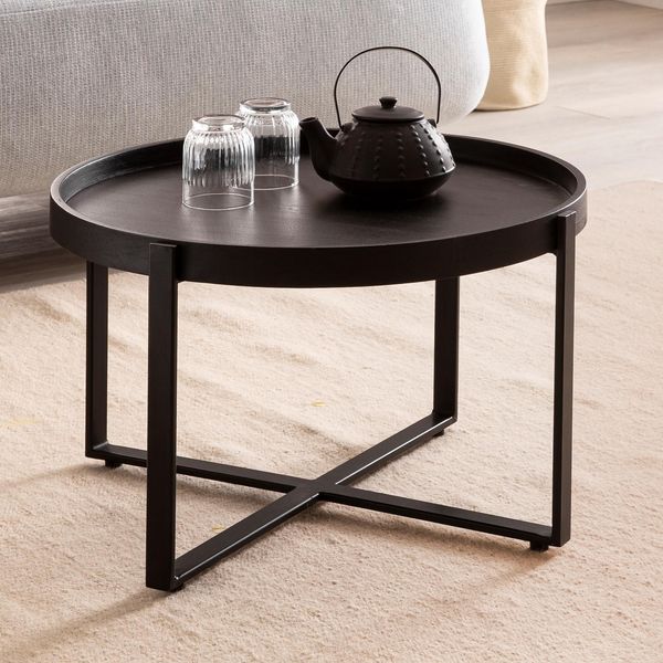 Couchtisch FineBuy Sofatisch Massivholz Schwarz 60X60X35 Cm Wohnzimmertisch Rund-image