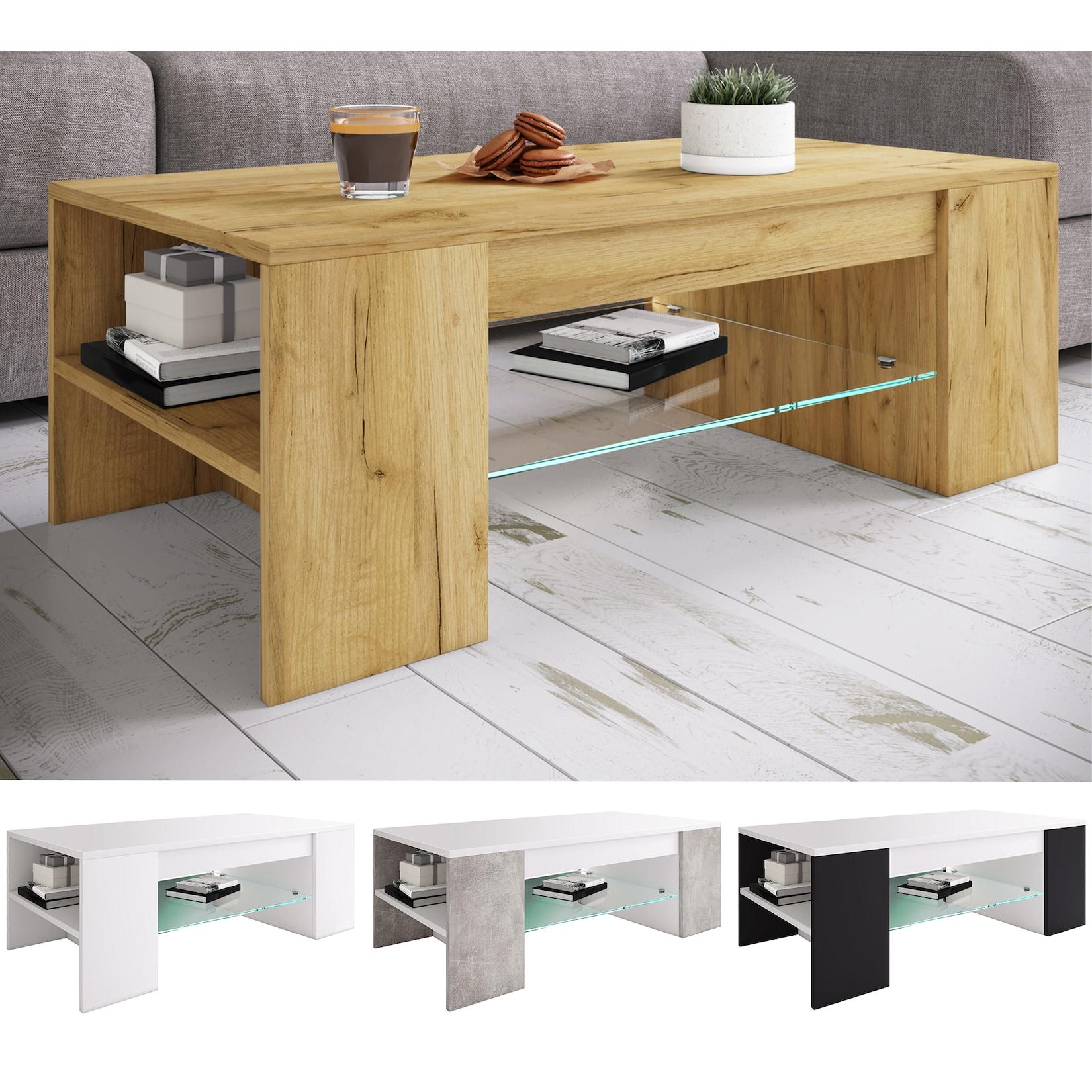 VCM Holz Couchtisch mit ESG-Sicherheitsglas Sofatisch mit ausreichend Stauraum Maße ca. H. 35 x B. 100 x T. 50 cm Wohnzimmertisch - Tunas