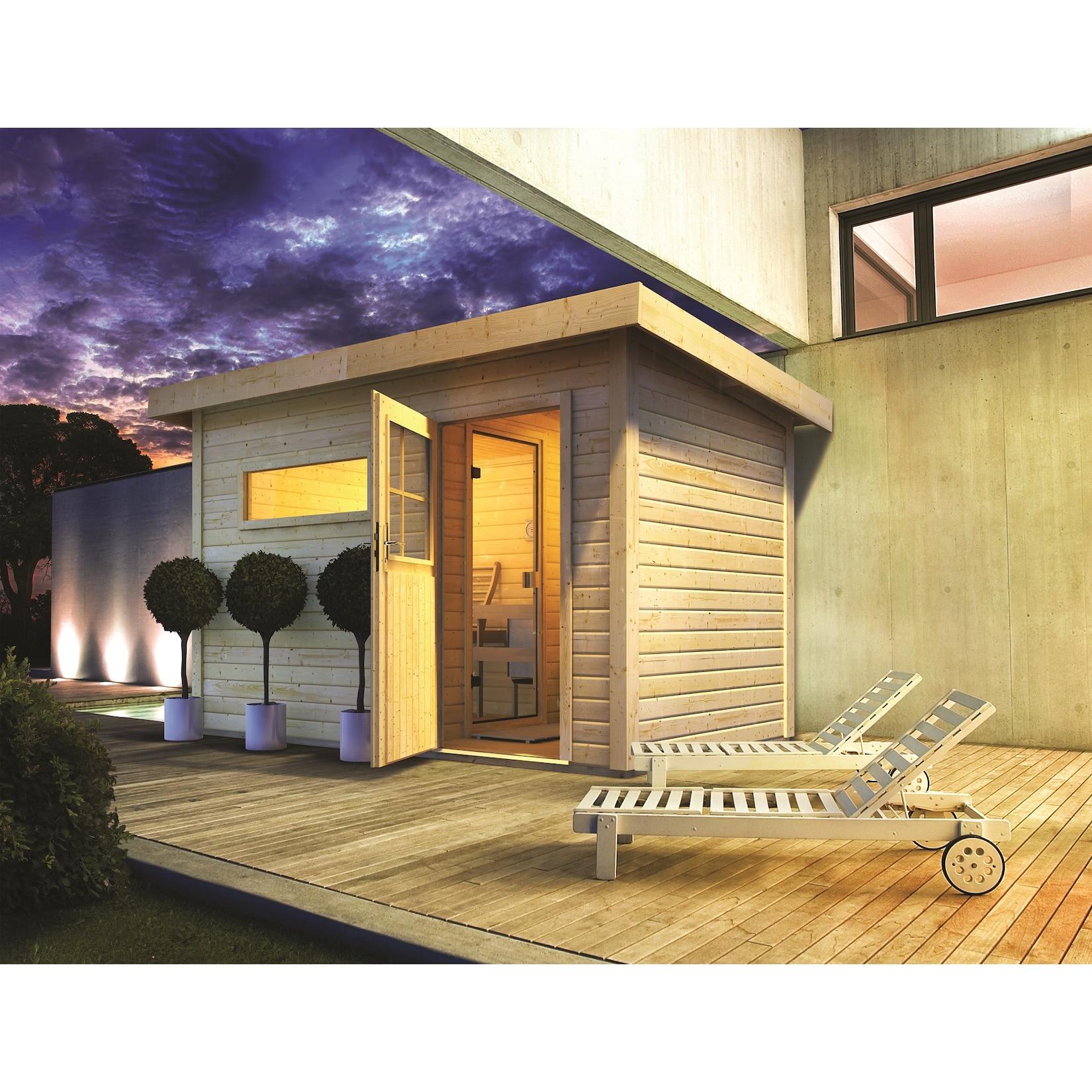 Karibu Saunahaus ""Ondo 1"" SET naturbelassen mit Ofen 9 kW Bio ext. Strg, Kabel, Dachfolie, Fenster