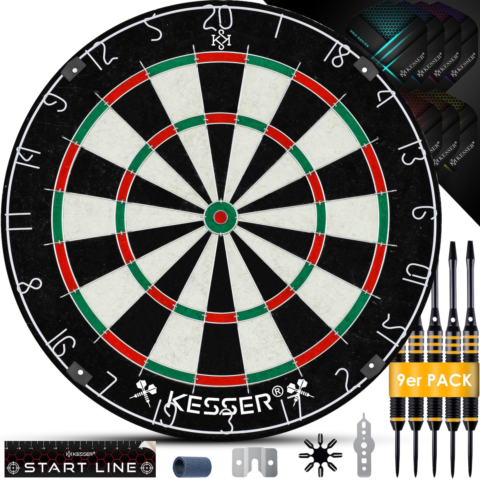 KESSER® Dartscheibe Sisal mit 9 Dartpfeile Professional Dartboard + 21 Pro Flights + Zubehör Steeldart Offizielles Dartscheibe 9 Pfeilen Metallspitze Profi Steeldartscheibe - Dartboard inkl. Montageset
