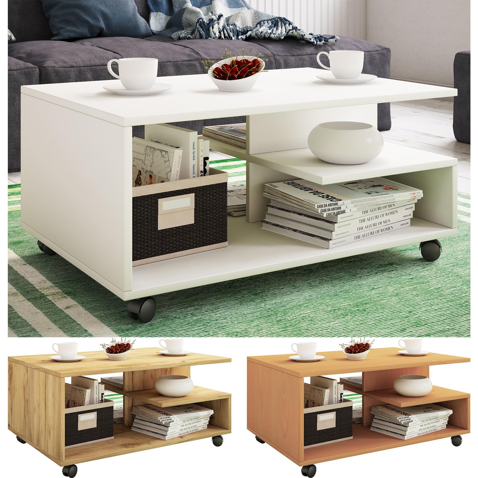 VCM Holz Couchtisch schlicht Sofatisch Rollen Maße ca. H. 41 x B. 80 x T. 50 cm rollbar Kaffeetisch - Stango L