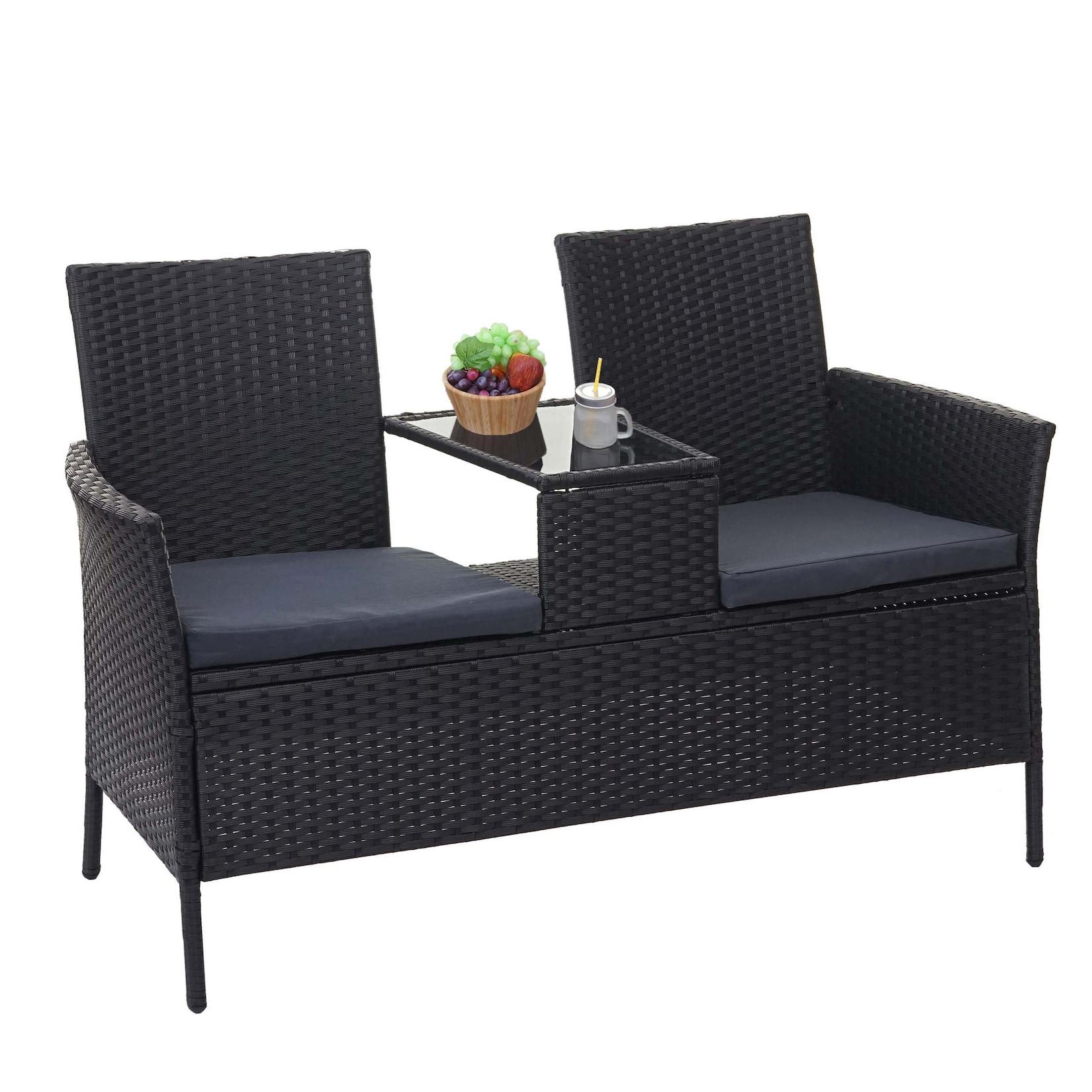 Poly-Rattan Sitzbank Mit Tisch MCW-E24, Gartenbank Sitzgruppe Gartensofa, 132Cm ~ Schwarz, Kissen Dunkelgrau
