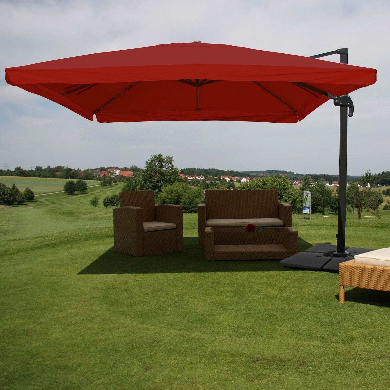 Gastronomie-Ampelschirm MCW-A96, 3X4M (Ø5M) Polyester Alu/Stahl 26Kg ~ Flap, Bordeaux Mit StäNder, Drehbar