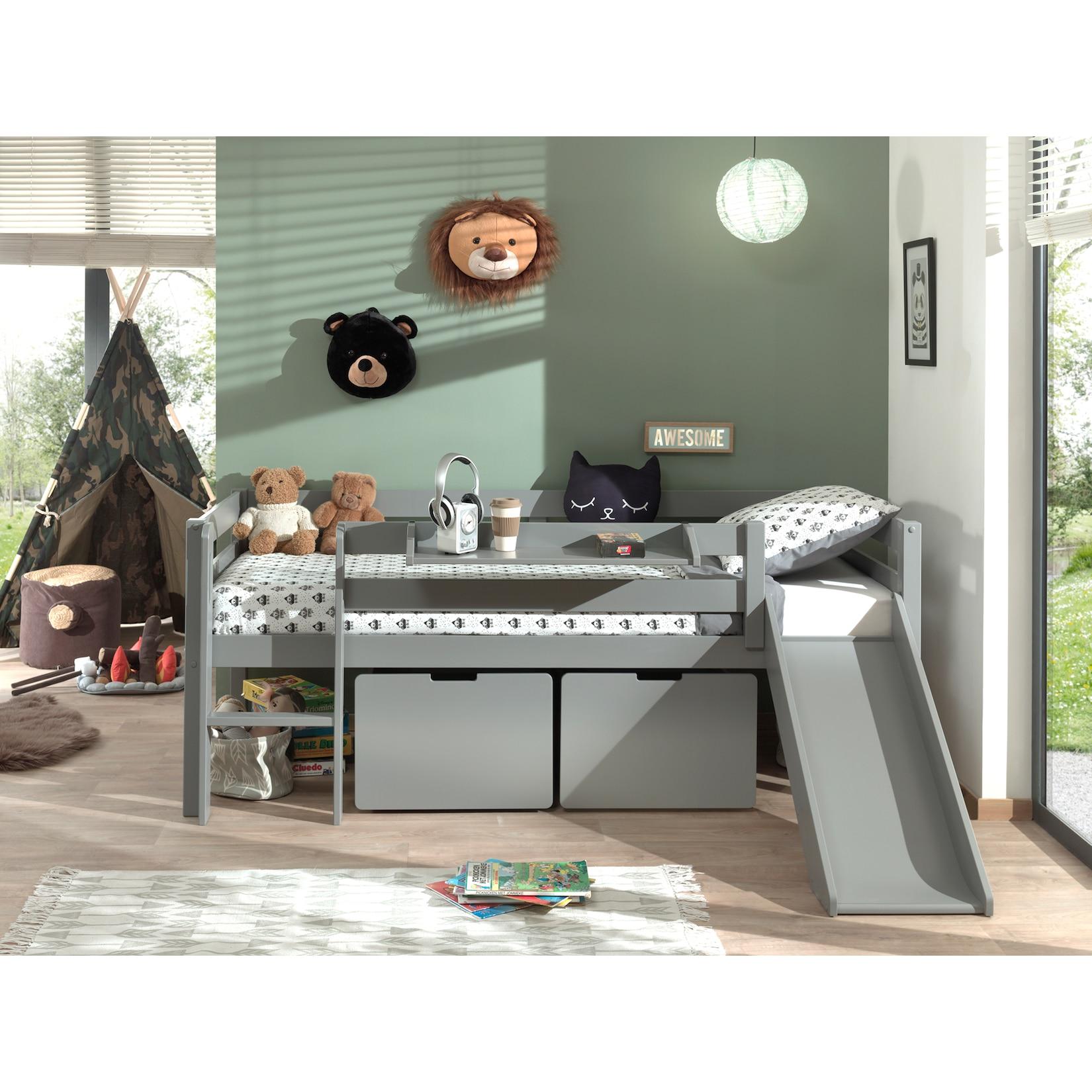 Kojen-Spielbett Mit LiegefläChe 90 X 200 Cm, Inkl. Leiter, Regal, Rutsche, Rolllattenrost Und 2 SchubkäSten, Kiefer Und MDF Grau Lackiert