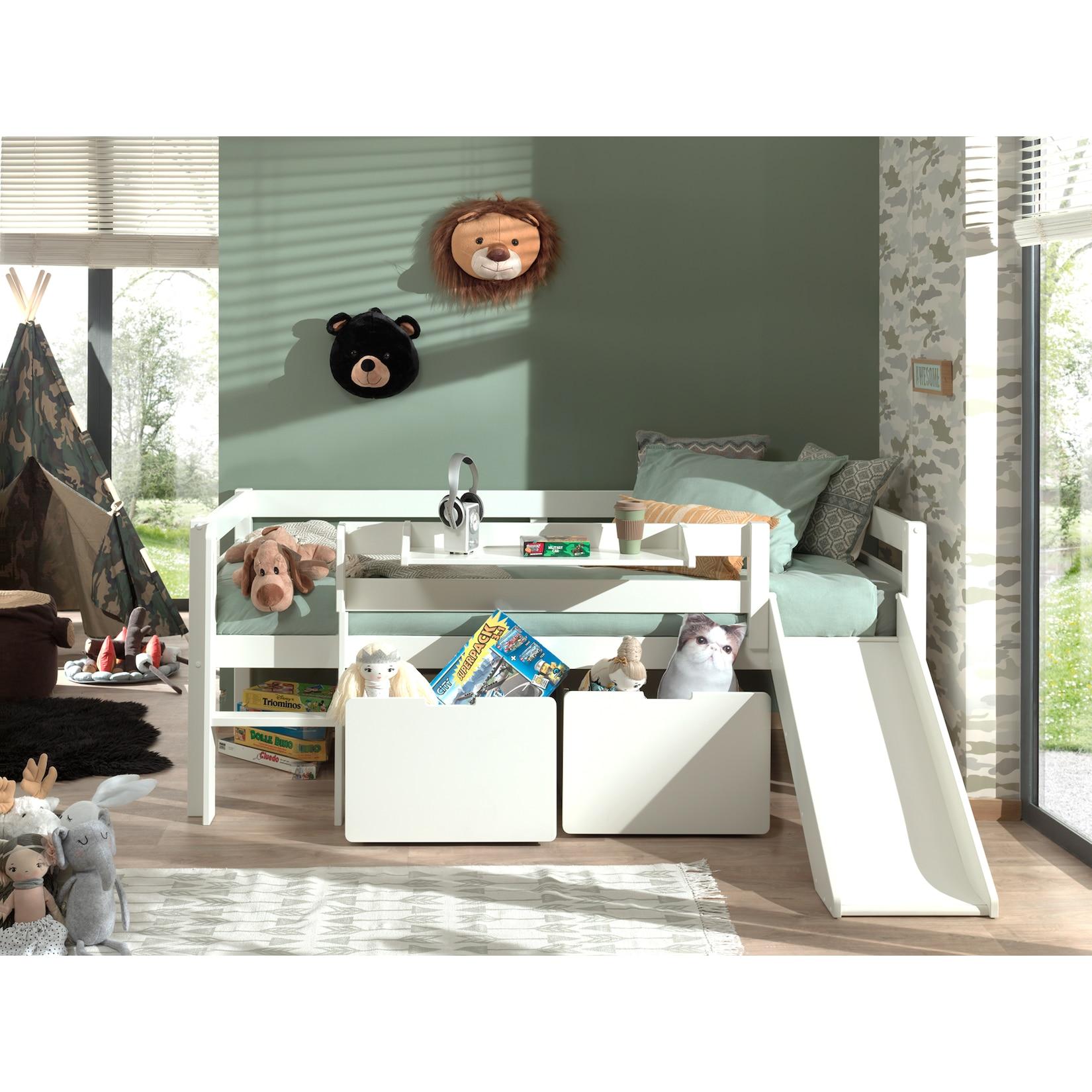 Kojen-Spielbett Mit LiegefläChe 90 X 200 Cm, Inkl. Leiter, Regal, Rutsche, Rolllattenrost Und 2 SchubkäSten, Kiefer Und Mdf Weiß Lackiert