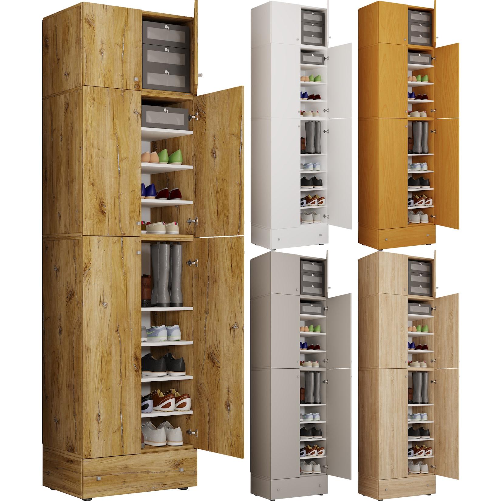 Vcm Holz-Schuhschrank MaßE: H. 240 X B. 70 X T. 39 Cm Allzweckschrank 9 FäCher 4 DrehtüRen Aufsatz Mit 2 TüRen Extra Schublade – Lona