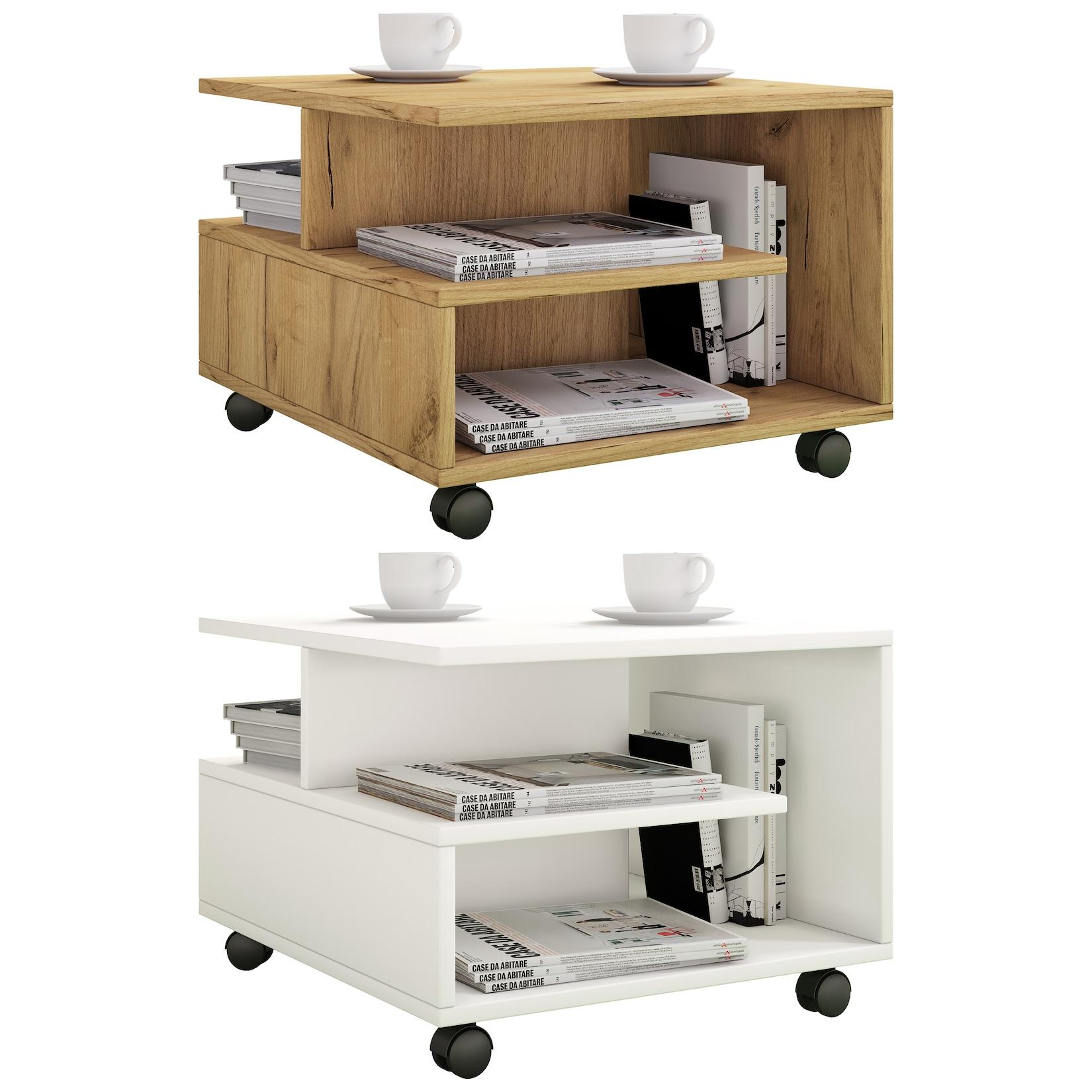 VCM Holz Couchtisch Sofatisch mit Rollen Wohnzimmertisch rollbar Maße H. 40 x B. 50 x T. 50 cm Kaffeetisch Stango S