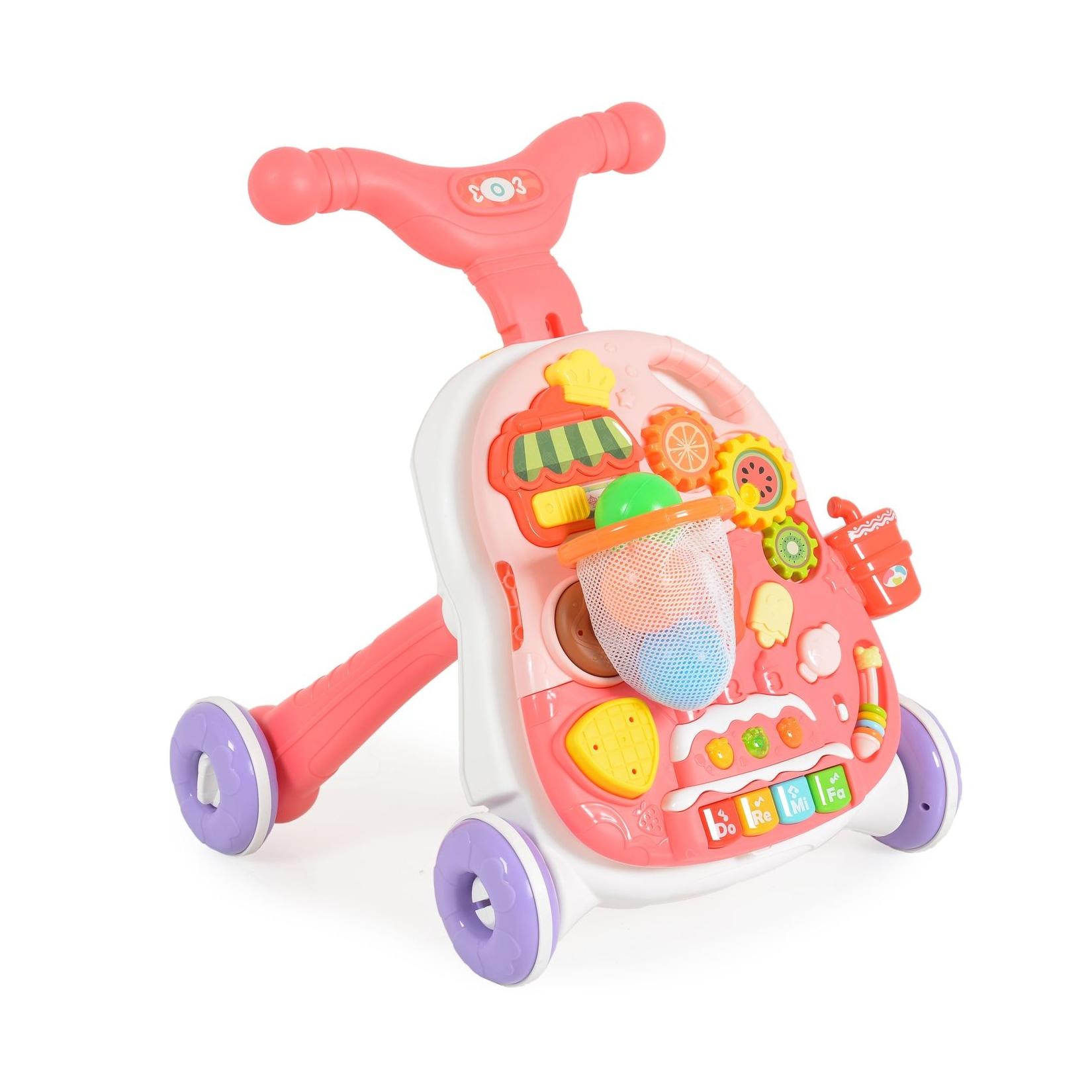 Moni Lauflernwagen 2 in 1 Korb, Musikfunktion, Spieltisch, Bälle, Spielcenter rosa
