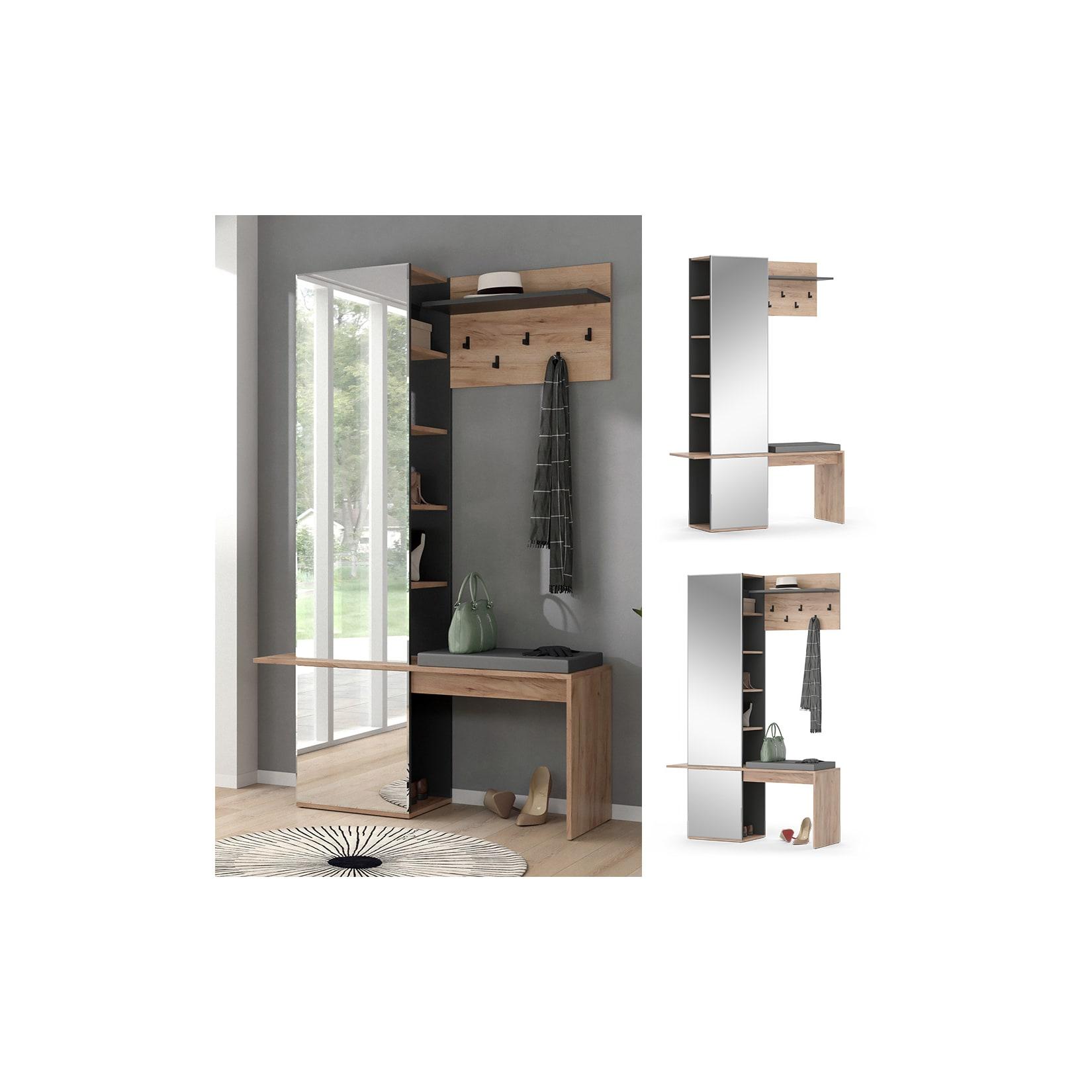 Vicco Flurgarderobe Dielengarderobe Garderobe Adeline Eiche Anthrazit Modern Sitzbank 120x190 cm Schlafzimmer Garderobenspiegel Kleiderhaken Garderobenablage Fach Regal