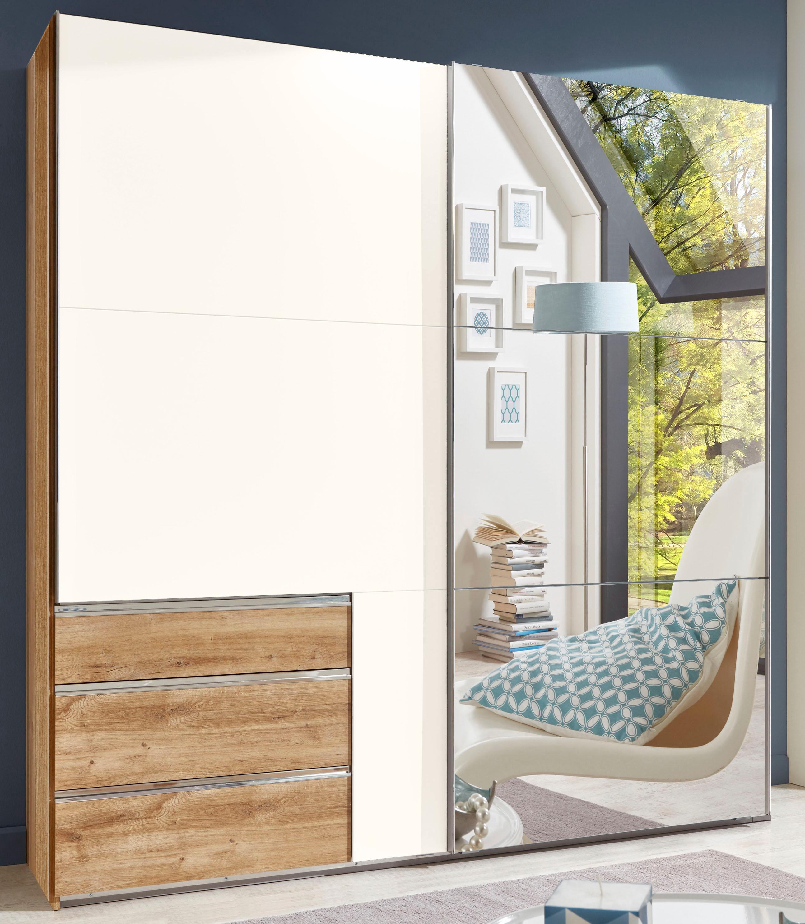 SchwebetüRenschrank Wimex "Level By Fresh To Go", Weiß (Plankeneichefarben, Weiß), B:200Cm H:236Cm T:65Cm, SchräNke, SchwebetüRenschrank, Jeweils Mit Einer SpiegeltüR