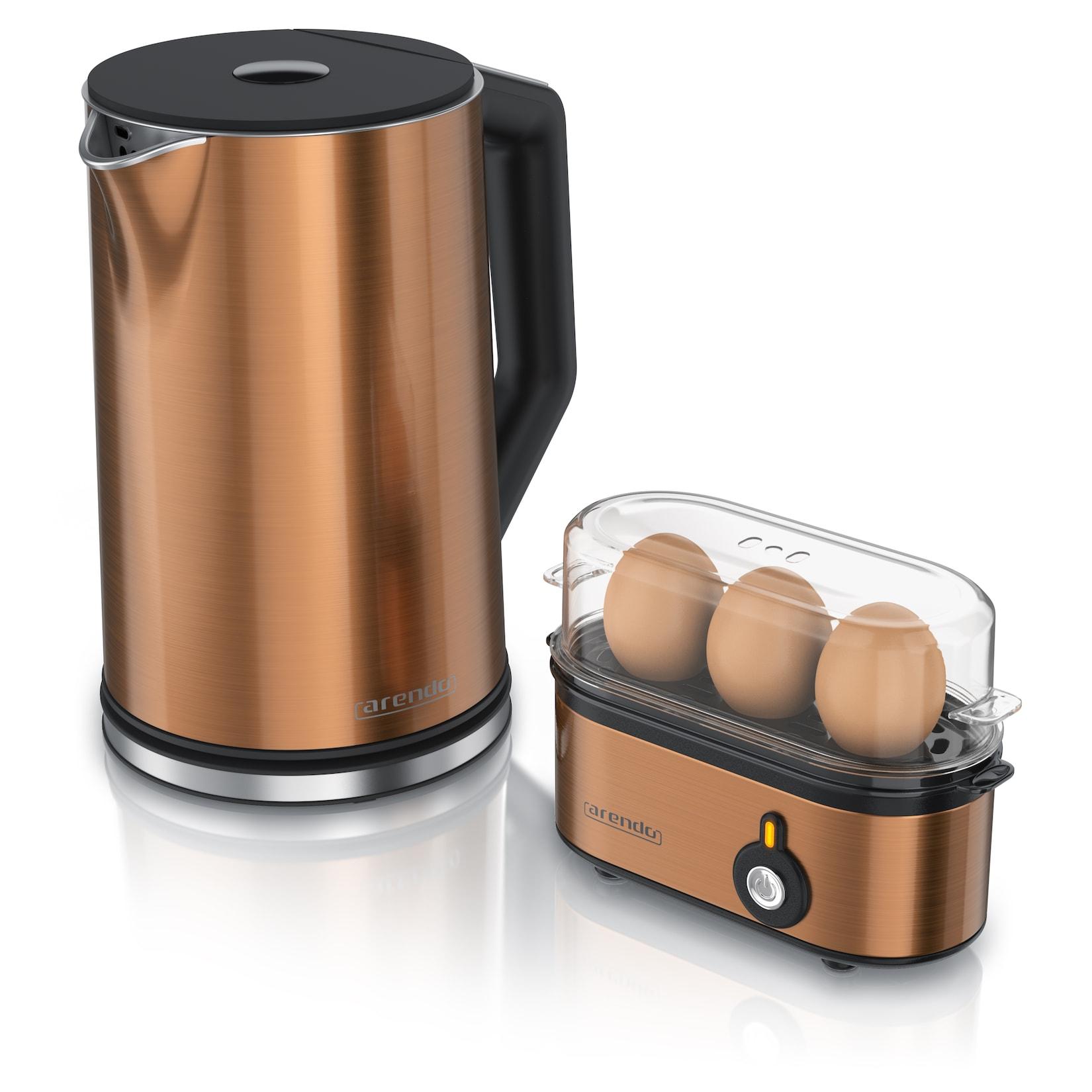 Arendo 2-teiliges Frühstücksset - Edelstahl Wasserkocher 1,5l, 3er Eierkocher, Kupfer