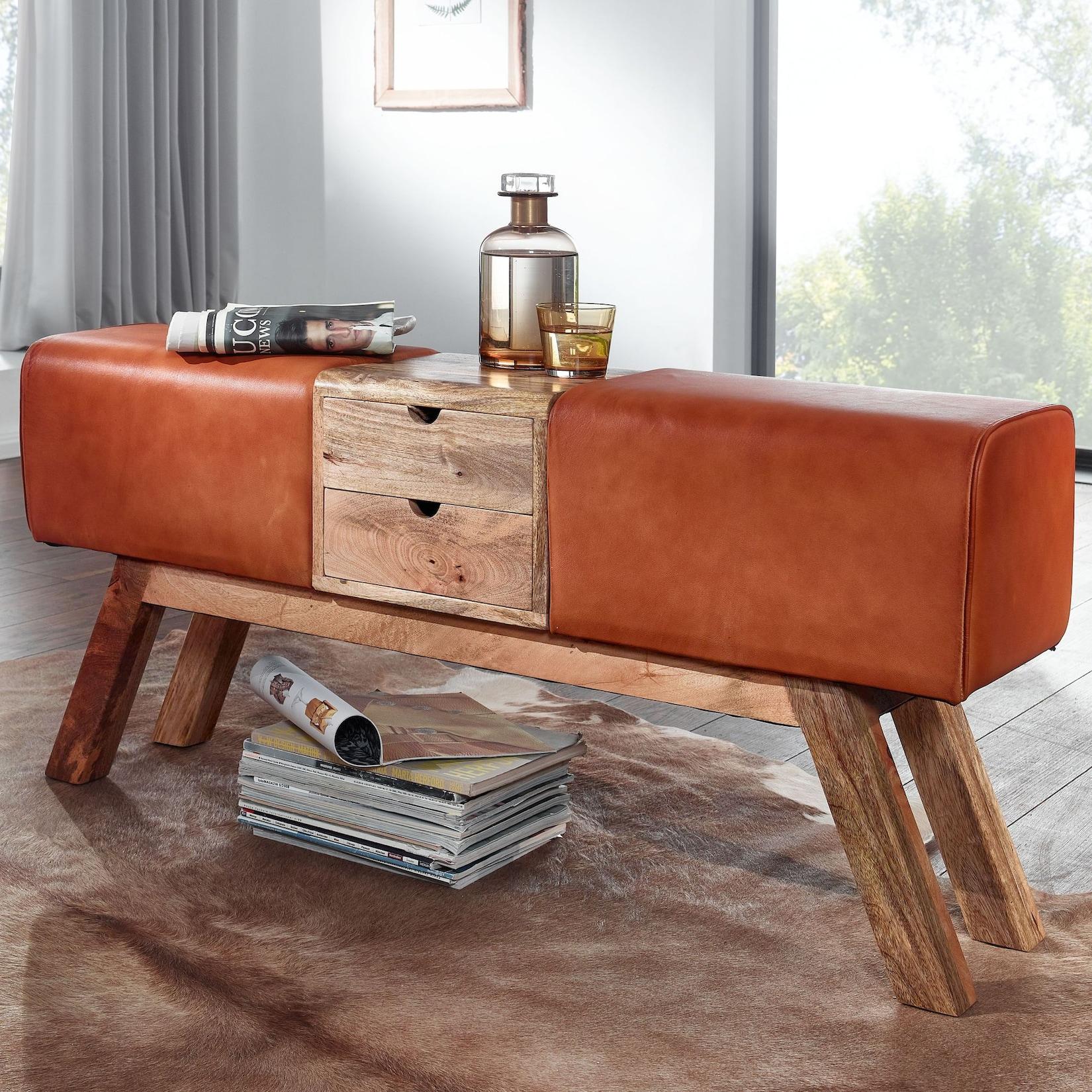 Sitzbank FineBuy Turnbock Echtleder 120 cm Springbock Stauraum Turnhocker Bank