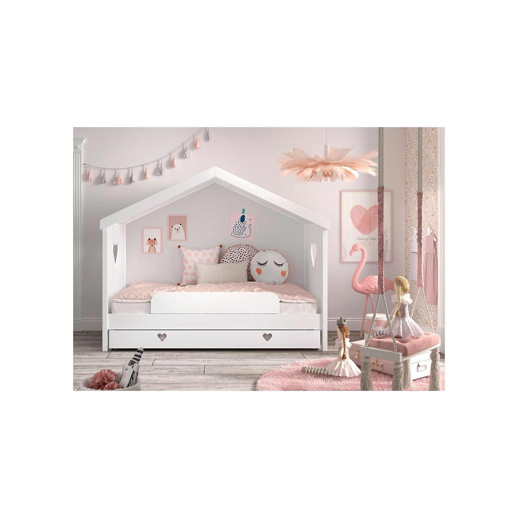 Hausbett Amori Mit LiegefläChe 90 X 200 Cm, Inkl. Rolllattenros - Versch. AusfüHrungen -Mit Absturzschutz Inkl. Bettschublade, Kiefer Und Mdf Weiß Lackiert