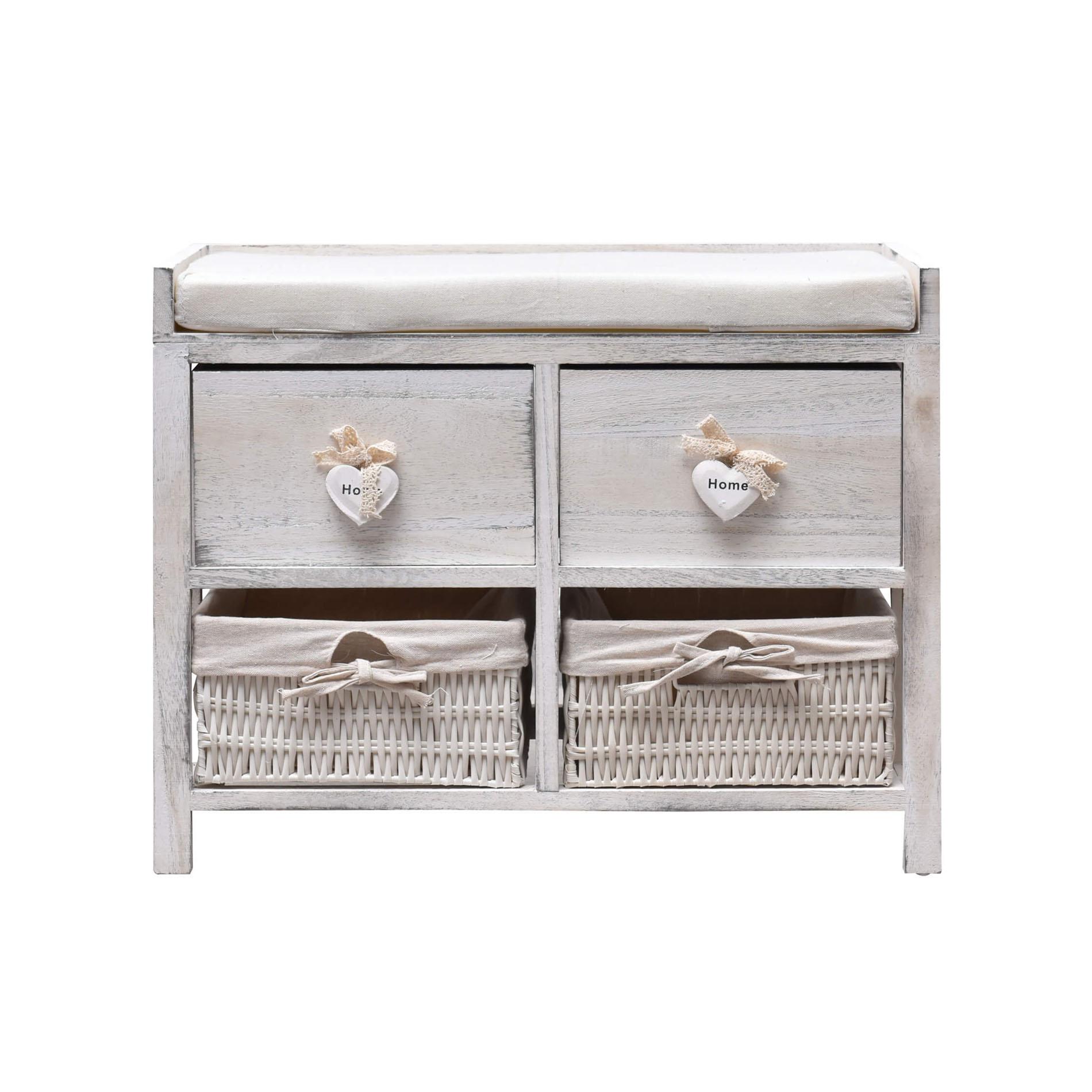 Panca Portaoggetti Rebecca Mobili Con 4 Cassetti In Legno E Vimini, Bianco